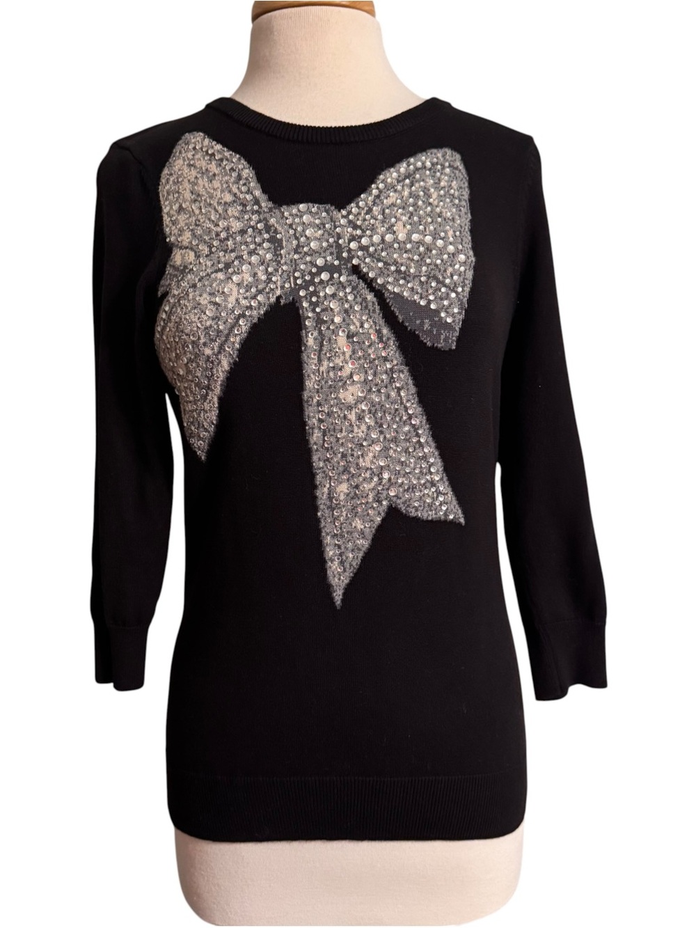 Cynthia Rowley Black Sweater with Silver Rhinestone Bow size small
